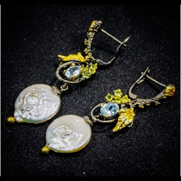 Romantic Genuine Baroque Pearl Earrings with Gems
